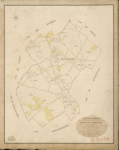 Boissy-sur-Damville. Tableau d'assemblage _ du Plan Parcellaire de la Commune de Boissy-sur-Damville _ Canton de Damville - Evreux - Eure. _ Terminé sur le Terrain le 28 Décembre 1839 , sous l'administration de M. de Monicault, Préfet _ M. Pourvu, Maire _ sous la Direction de M. Garnier, Directeur des Contributions directes _ M. Le Fébure, Géomètre en Chef. _ Par M. Le Grain, Géomètre de 1re classe.