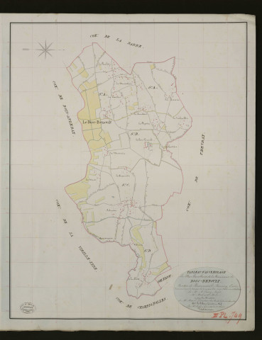 Bosc-Renoult-en-Ouche. Tableau d'assemblage _ du Plan Parcellaire de la Commune de Bosc-Renoult. _ Canton de Beaumesnil - Bernay - Eure. _ Terminé sur le terrain le 20 mars 1833 sous l'administration de M. A. Passy, Préfet _ M. Mahaut, maire _ en sous la Direction de M. Marel, Directeur des Contributions directes. _ M. Le Fébure, Géomètre Chef. _ Par M. Caffin, Géomètre de 1re classe.