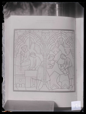 Cathédrale Notre-Dame de Chartres (Eure-et-Loir), panneau des tailleurs de pierre et architecte gothiques, dessin extrait des "Annales Archéologiques".