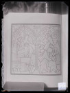 Cathédrale Notre-Dame de Chartres (Eure-et-Loir), panneau des tailleurs de pierre et architecte gothiques, dessin extrait des "Annales Archéologiques".