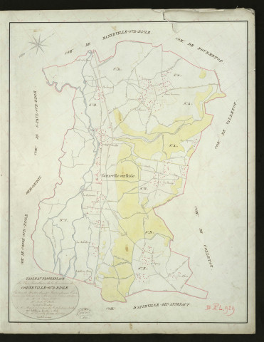 Corneville-sur-Risle. Tableau d'assemblage _ du Plan Parcellaire de la Commune de Corneville-sur-Risle _ Canton de Pontaudemer - Pontaudemer - Eure. _ Terminé sur le Terrain le 10 Juillet 1832, sous l'administration de M. A Passy, Préfet _ M. Rabel, Maire _ sous la Direction de M.Marel, Directeur des Contributions directes _ M. Le Fébure, Géomètre en Chef. _ Par M. Depoilly, Géomètre de 1re classe.