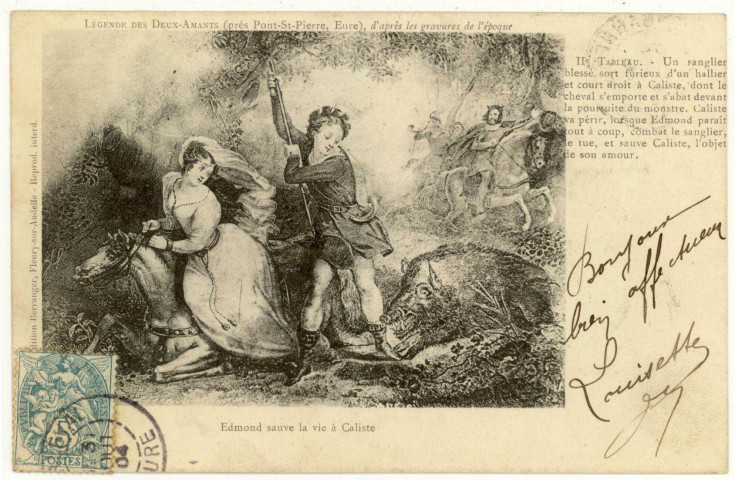 Amfreville-sous-les-Monts. Légende des Deux-Amants. Edmond sauve la vie à Caliste.