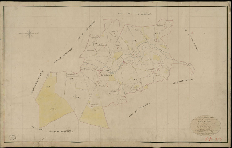 Vieille-Lyre (La). Tableau d'assemblage _ du Plan Parcellaire de la Commune de Vieille-Lyre _ Canton de Rugles - Evreux - Eure. _ Terminé sur le Terrain le 28 Septembre 1834, sous l'administration de M. A Passy, Préfet _ M. Alexandre, Maire _ et sous la Direction de M. Marel, Directeur des Contributions directes _ M. Le Fébure, Géomètre en Chef. _ Par M. Canu, Géomètre de 1re classe.