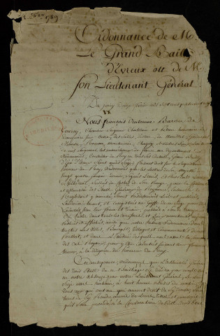 Ordonnance du grand bailli d'Evreux pour la convocation des Trois Ordres du bailliage principal d'Evreux.