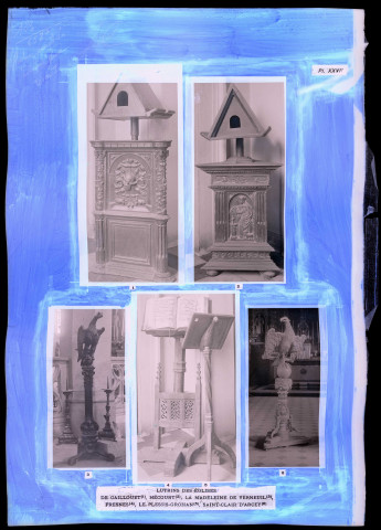 Histoire générale du diocèse d'Évreux du chanoine Bonnenfant tome I, planche XXVII lutrins des églises de La Madeleine à Verneuil-sur-Avre (Eure), de Caillouet-Orgeville (Eure), d'Hécourt (Eure), du Fresne (Eure), du Plessis-Grohan (Eure) et de Saint-Clair d'Arcey (Eure).