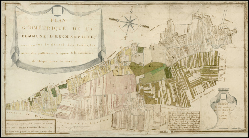 Hecmanville - Plan géométrique de la commune d'Hecmanville contenant le détail des fonds, les noms des possesseurs, la figure et la contenance de chaque pièce de terre. *