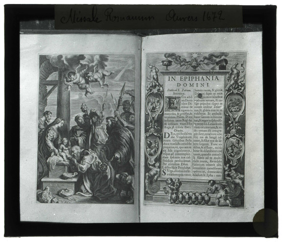 Double page imprimée représentant l'Adoration des Mages extraite du Missale Romanum d'Anvers (Belgique) de 1672.