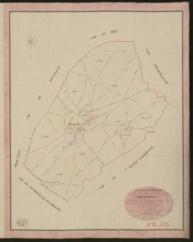 Hacqueville. Tableau d'assemblage du Plan Parcellaire de la Commune d'Hacqueville. _ Canton d'Etrépagny - Andelys - Eure. _ Terminé sur le terrain le 15 mai 1849, sous l'administration de M. Vallon, Préfet - M. Moreaux, Maire et sous la direction de M. Violas, Directeur des Contributions directes. _ M. Le Fébure, Géomètre en Chef. _ Par M. Lenglet, Géomètre de 1re classe