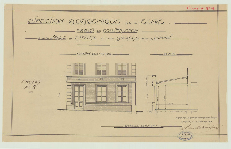 Evreux _"Bureaux de l'Inspection académique. Projet de construction d'une salle d'attente et d'un bureau pour les commis. Projet n° 2".