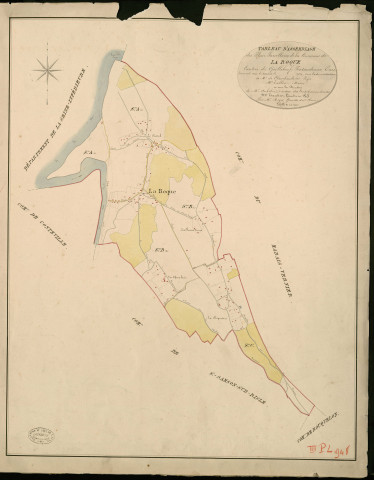 Roque (La). Tableau d'assemblage _ du Plan Parcellaire de la Commune de La Roque _ Canton de Quillebeuf - Pontaudemer - Eure. _ Terminé sur le Terrain en 1824, sous l'administration de M. de Chambaudoin, Préfet _ M. Tallon, Maire _ sous la Direction de M. Aubelin, Directeur des Contributions directes _ M. Hautier, Géomètre en Chef. _ Par M. Roger, Géomètre de 1re classe.