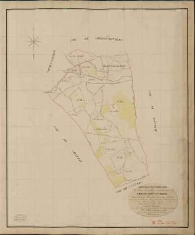 Chaise-Dieu-du-Theil. Tableau d'assemblage _ du Plan Parcellaire de la Commune de Chaise Dieu du Theil _ Canton de Rugles - Evreux - Eure. _ Terminé sur le Terrain le 29 Septembre 1834, sous l'administration de M. A Passy, Préfet _ M. Brétignières, Maire _ et sous la Direction de M. Marel, Directeur des Contributions directes _ M. Lefébure, Géomètre en Chef. _ Par M. Pizier, Géomètre de 1re classe.
