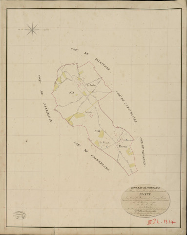 Piseux. Tableau d'assemblage _ du Plan Parcellaire de la Commune de Piseux _ Canton de Verneuil - Evreux - Eure. _ Terminé sur le Terrain le 24 Mars 1836, sous l'administration de M. A. Passy, Préfet _ M. Desclos, Maire _ et sous la Direction de M. Marel, Directeur des Contributions directes _ M. Le Fébure, Géomètre en Chef. _ Par M. Gondouin, Géomètre de 1re classe.