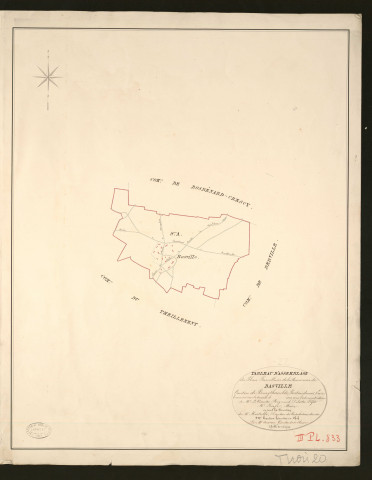 Basville. Tableau d'assemblage _ du Plan Parcellaire de la Commune de Basville _ Canton de Bourgtheroulde - Pontaudemer - Eure. _ Terminé sur le terrain en 1828, sous l'administration de M.le Vicomte Raymond Delaitre, Préfet _ M. Lesage, maire _ en sous la Direction de M. Hurtrelle, Directeur des Contributions directes. _ M. Hautier, Géomètre en Chef. _ Par M. Auxerre, Géomètre de 1re classe.
