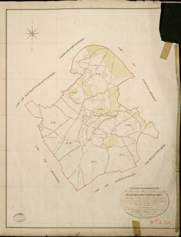 Boisset-les-Prévanches. Tableau d'assemblage _ du Plan Parcellaire de la Commune de Boisset les Prévanches _ Canton de Pacy sur Eure - Evreux - Eure. _ Terminé sur le Terrain le 4 Aout 1851, sous l'administration de M. Le Comte Guyot, Préfet _ M. Garnier, Maire _ et sous la Direction de M. Chauveau, Directeur des Contributions directes _ M. Lefébure, Géomètre en Chef. _ Par M. Buguet, Géomètre de 1re classe.