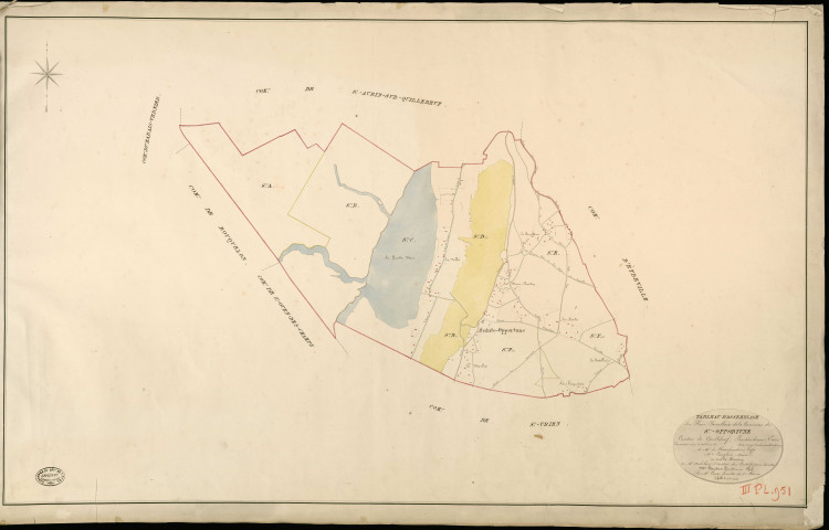 Sainte-Opportune-la-Mare. Tableau d'assemblage _ du Plan Parcellaire de la Commune de Ste Opportune _ Canton de Quillebeuf - Pontaudemer - Eure. _ Terminé sur le Terrain en 1824, sous l'administration de M. de Chambaudoin, Préfet _ M. Langlois, Maire _ sous la Direction de M.Aubelin, Directeur des Contributions directes _ M. Hautier, Géomètre en Chef. _ Par M. Canu, Géomètre de 1re classe.
