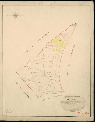 Saint-Thurien. Tableau d'assemblage _ du Plan Parcellaire de la Commune de Saint-Urien _ Canton de Quillebeuf - Pontaudemer - Eure. _ Terminé sur le Terrain en 1824, sous l'administration de M. de Chambaudoin, Préfet _ M. Cabot, Maire _ sous la Direction de M.Aubelin, Directeur des Contributions directes _ M. Hautier, Géomètre en Chef. _ Par M. Canu, Géomètre de 1re classe.