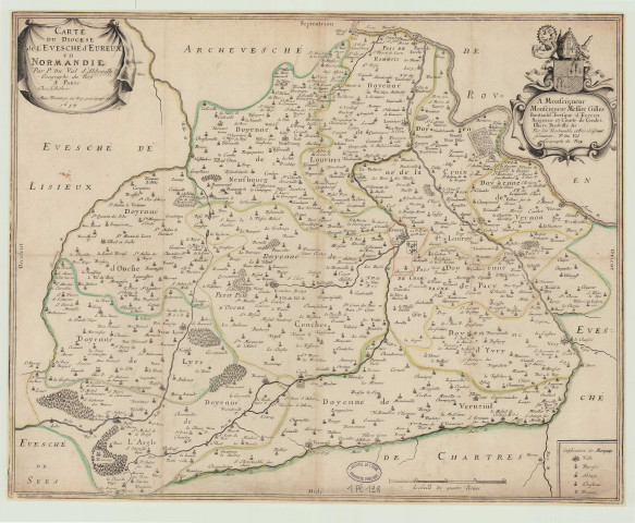 Carte du diocèse de l'evesché d'Évreux en Normandie, dédiée à Mgr Gilles Boutauld, évêque d'Évreux