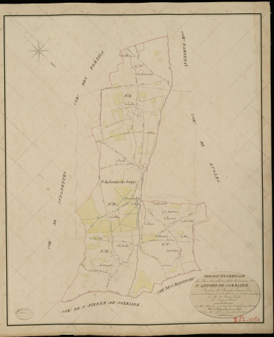 Saint-Antonin-de-Sommaire. Tableau d'assemblage _ du Plan Parcellaire de la Commune de St Antonin de Sommaire _ Canton de Rugles - Evreux - Eure. _ Terminé sur le Terrain le 25 Juin 1834, sous l'administration de M. A Passy, Préfet _ M. Roger, Maire _ et sous la Direction de M. Marel, Directeur des Contributions directes _ M. Le Fébure, Géomètre en Chef. _ Par M. Lefebure, Géomètre de 1re classe.
