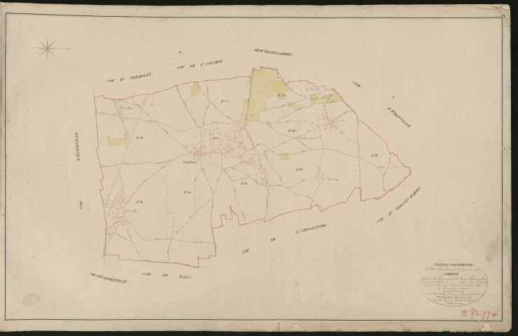 Combon. Tableau d'assemblage _ du Plan Parcellaire de la Commune de Combon. _ Canton de Beaumont-le-Roger - Bernay - Eure. _ Terminé sur le terrain en 1826 sous l'administration de M. Le Vicomte Raymond Delaitre, Préfet _ M. Monvoisin, maire _ en sous la Direction de M. Hurtrelle, Directeur des Contributions directes. _ M. Hautier, Géomètre en Chef. _ Par M. Gérard, Géomètre de 1re classe.