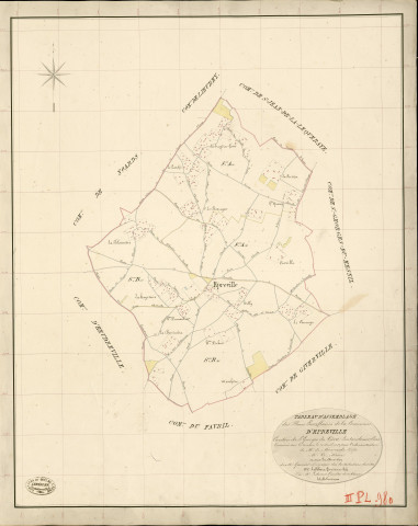 Epreville-en-Lieuvin. Tableau d'assemblage _ du Plan Parcellaire de la Commune d'Epreville _ Canton de St Georges-du-Vièvre - Pontaudemer - Eure. _ Terminé sur le Terrain le 21 Avril 1832 , sous l'administration de M. de Monicault, Préfet _ M. Vy, Maire _ sous la Direction de M.Garnier, Directeur des Contributions directes _ M. Le Fébure, Géomètre en Chef. _ Par M. Ledanois, Géomètre de 1re classe.