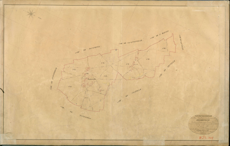 Bernienville. Tableau d'assemblage _ du Plan Parcellaire de la Commune de Bernienville _ Canton de Evreux (nord) - Evreux - Eure. _ Terminé sur le Terrain le 25 Mars 1841 , sous l'administration de M. Zédé, Préfet _ M. Leblond, Maire _ sous la Direction de M. Garnier, Directeur des Contributions directes _ M. Le Fébure, Géomètre en Chef. _ Par M. Canu, Géomètre de 1re classe.