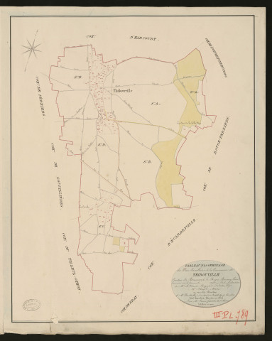 Thibouville. Tableau d'assemblage du Plan Parcellaire de la Commune de Thibouville _ Canton de Beaumont-le-Roger - Bernay - Eure. _ Terminé sur le terrain le 1826, sous l'administration de M. Le Vicomte Raymond Delaitre, Préfet - M. Chouel, Maire et sous la direction de M. Hurtelle, Directeur des Contributions directes. _ M. Hautier, Géomètre en Chef. _ Par M. Canu, Géomètre de 1re classe