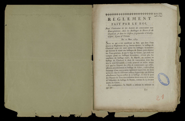 Règlement imprimé concernant la convocation des Etats-Généraux dans les bailliages de Rouen et Charleval et dans les justices seigneuriales d'Andely, Gisors, Lyons et Vernon.