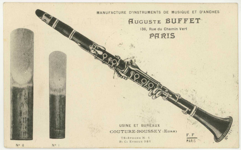 Couture-Boussey (La). Manufacture d'instruments de musique et d'anches. Auguste BUFFET-136, Rue du chemin Vert-PARIS-Usine et bureaux-Couture-Boussey.
