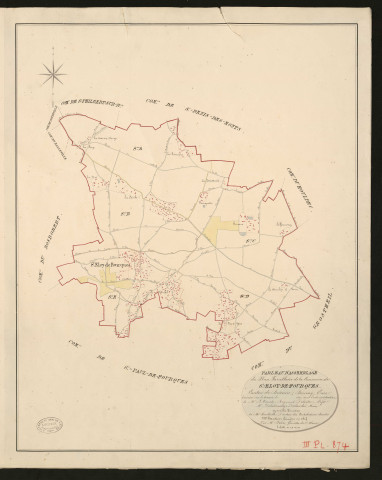 Saint-Eloi-de-Fourques. Tableau d'assemblage _ du Plan Parcellaire de la Commune de Saint-Eloy-de-Fourques _ Canton de Brionne - Bernay - Eure. _ Terminé sur le Terrain en 1827, sous l'administration de M.le Vicomte Raymond Delaitre, Préfet _ M. Delahaussaye Deslandes, Maire _ en sous la Direction de M. Hurtrelle, Directeur des Contributions directes _ M. Hautier, Géomètre en Chef. _ Par M. Folin, Géomètre de 1re classe.