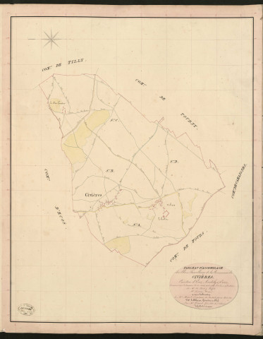 Civières. Tableau d'assemblage du Plan Parcellaire de la Commune de Civières. _ Canton d'Ecos - Andelys - Eure. _ Terminé sur le terrain le 31 août 1836, sous l'administration de M. A Passy, Préfet - M. Devin, Maire et sous la direction de M. Marel, Directeur des Contributions directes. _ M. Le Fébure, Géomètre en Chef. _ Par M. Girard, Géomètre de 1re classe