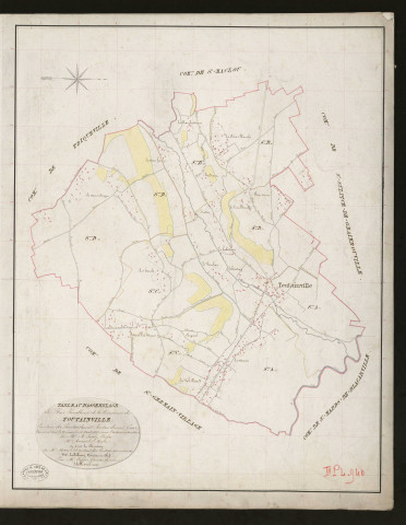Toutainville. Tableau d'assemblage _ du Plan Parcellaire de la Commune de Toutainville _ Canton de Pontaudemer - Pontaudemer - Eure. _ Terminé sur le Terrain le 14 Aout 1832, sous l'administration de M. A Passy, Préfet _ M.Roussel, Maire _ sous la Direction de M. Marel, Directeur des Contributions directes _ M. Le Fébure, Géomètre en Chef. _ Par M. Caffin, Géomètre de 1re classe.