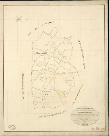Saint-Pierre-des-Ifs. Tableau d'assemblage _ du Plan Parcellaire de la Commune de St Pierre des Ifs _ Canton de St Georges-du-Vièvre - Pontaudemer - Eure. _ Terminé sur le Terrain le 21 Octobre 1839 , sous l'administration de M. de Monicault, Préfet _ M. Augustin, Maire _ sous la Direction de M.Garnier, Directeur des Contributions directes _ M. Le Fébure, Géomètre en Chef. _ Par M. Depoilly, Géomètre de 1re classe.
