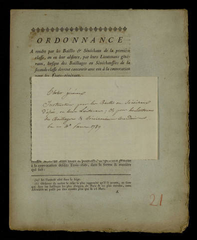 Instruction et formulaire d'ordonnance pour les baillis, plusieurs exemplaires imprimés.