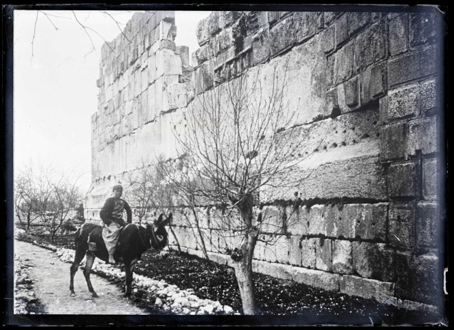 Enfant et son âne sur un chemin menant aux ruines du sanctuaire de Bacchus à Baalbeck (Liban).