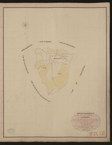 Gournets. Tableau d'assemblage du Plan Parcellaire de la Commune de Gournets. _ Canton de Fleury-sur-Andelle - Andelys - Eure. _ Terminé sur le terrain le 31 juillet 1835, sous l'administration de M. A. Passy, Préfet - M. Jouen, Maire et sous la direction de M. Marel, Directeur des Contributions directes. _ M. Le Fébure, Géomètre en Chef. _ Par M. Drouet, Géomètre de 1re classe