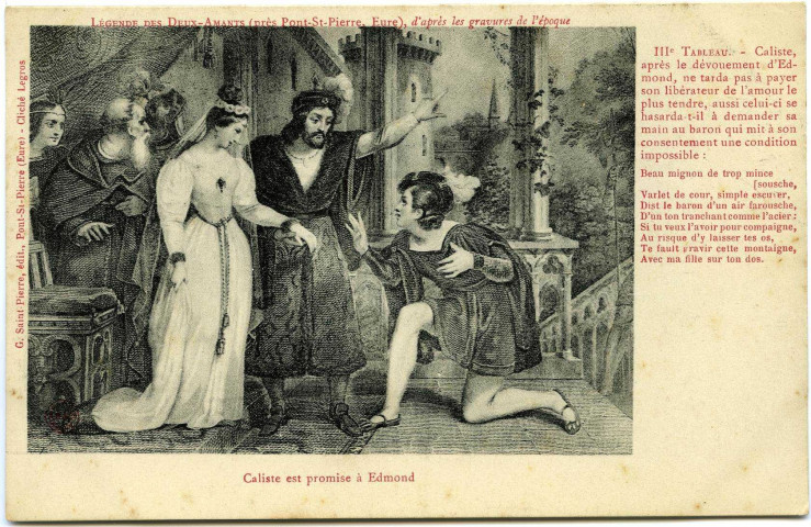 Amfreville-sous-les-Monts. Légende des Deux-Amants (près Pont-St-Pierre, Eure), d'après les gravures de l'époque. - Caliste est promise à Edmond.