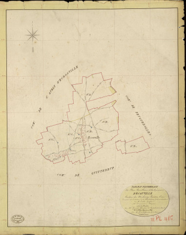 Ecauville. Tableau d'assemblage _ du Plan Parcellaire de la Commune d'Ecauville _ Canton de Neubourg - Louviers - Eure. _ Terminé sur le Terrain le 24 Aout 1844, sous l'administration de M. Zédé, Préfet _ M. Duperron, Maire _ et sous la Direction de M. Garnier, Directeur des Contributions directes _ M. Le Fébure, Géomètre en Chef. _ Par M. Girard, Géomètre de 1re classe.