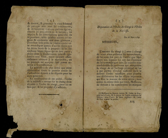Procès-verbal imprimé : Extrait de ce qui s'est passé dans la Chambre de l'ordre du Clergé à l'Assemblée générale du bailliage principal le 16 mars 1789.