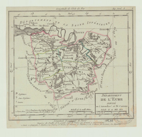 Carte du département de l'Eure divisé en 5 arrondissements et 36 cantons