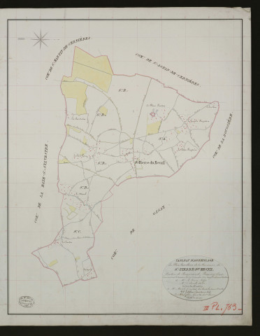 Saint-Pierre-du-Mesnil. Tableau d'assemblage _ du Plan Parcellaire de la Commune de St-Pierre-du-Mesnil. _ Canton de Beaumesnil - Bernay - Eure. _ Terminé sur le terrain le 29 décembre 1832 sous l'administration de M. A. Passy, Préfet _ M.Delaval maire _ en sous la Direction de M. Marel, Directeur des Contributions directes. _ M. Le Fébure, Géomètre Chef. _ Par M. Lefebure, Géomètre de 1re classe.