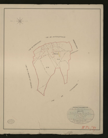 Malouy. Tableau d'assemblage du Plan Parcellaire de la Commune de Malouy _ Canton de Bernay - Bernay - Eure. _ Terminé sur le terrain le 2 octobre 1830, sous l'administration de M. A Passy, Préfet - M. Furet, Maire et sous la direction de M. Marel, Directeur des Contributions directes. _ M. Hautier, Géomètre en Chef. _ Par M. Lefroid, Géomètre de 1re classe