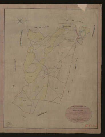 Bézu-le-Long. Tableau d'assemblage du Plan Parcellaire de la Commune de Bézu-le-Long. _ Canton de Gisors - Andelys - Eure. _ Terminé sur le terrain le 7 septembre 1840, sous l'administration de M. de Monicault, Préfet - M. Renaut, Maire et sous la direction de M. Garnier, Directeur des Contributions directes. _ M. Le Fébure, Géomètre en Chef. _ Par M. Canu, Géomètre de 1re classe