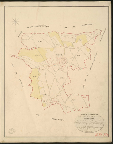 Calleville. Tableau d'assemblage du Plan Parcellaire de la Commune de Calleville. _ Canton de Brionne - Bernay - Eure. _ Terminé sur le terrain en 1827, sous l'administration de M. Le Vicomte Raymond Delaitre, Préfet - M. Jouen, Maire et sous la direction de M. Hurtelle, Directeur des Contributions directes. _ M. Hautier, Géomètre en Chef. _ Par M. Lefebvre, Géomètre de 1re classe
