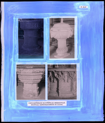 "Histoire générale du diocèse d'Évreux" du chanoine Bonnenfant tome I, planche XLIX fonts baptismaux des églises de Giverville (Eure), Bérengeville-la-Campagne (Eure), Brosville (Eure) et Sainte-Marguerite-de-l'Autel (Eure).