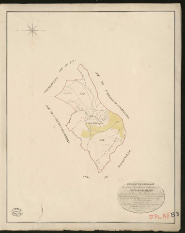 Saint-Jean-d'Asnières. Tableau d'assemblage du Plan Parcellaire de la Commune de Saint-Jean-d'Asnières. _ Canton de Cormeilles - Pontaudemer - Eure. _ Terminé sur le terrain en 1826, sous l'administration de M. Le Vicomte Raymond Delaitre, Préfet - M. D'Asnière, Maire et sous la direction de M. Heurtelle, Directeur des Contributions directes. _ M. Hautier, Géomètre en Chef. _ Par M. Canu, Géomètre de 1re classe
