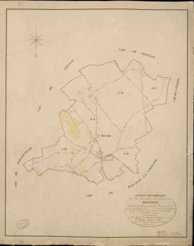 Moisville. Tableau d'assemblage _ du Plan Parcellaire de la Commune de Moisville _ Canton de Nonancourt - Evreux - Eure. _ Terminé sur le Terrain le , sous l'administration de M. Le Vicomte Raymond Delaitre, Préfet _ M. Huet, Maire _ et sous la Direction de M. Marel, Directeur des Contributions directes _ M. Hautier, Géomètre en Chef. _ Par M. Lefroid, Géomètre de 1re classe.