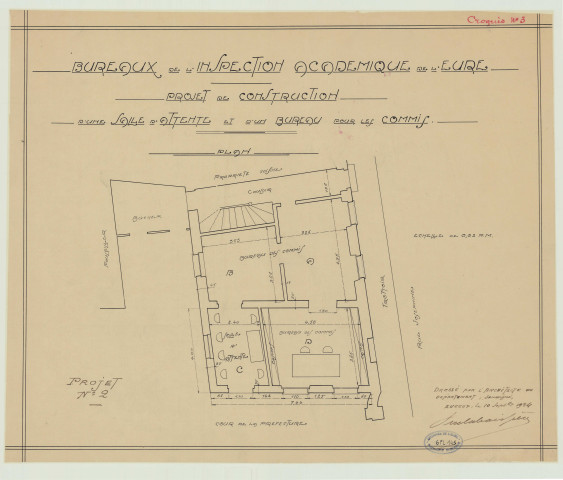 Evreux _"Bureaux de l'Inspection académique. Projet de construction d'une salle d'attente et d'un bureau pour les commis. Projet n° 2".