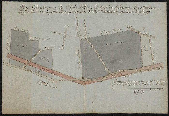 "Plan géométrique de trois pièces de terres en labour et clos situées en la paroisse de Bourg-Achard, appartenant à Mr Oursel, imprimeur du roi." (3 feuilles)
