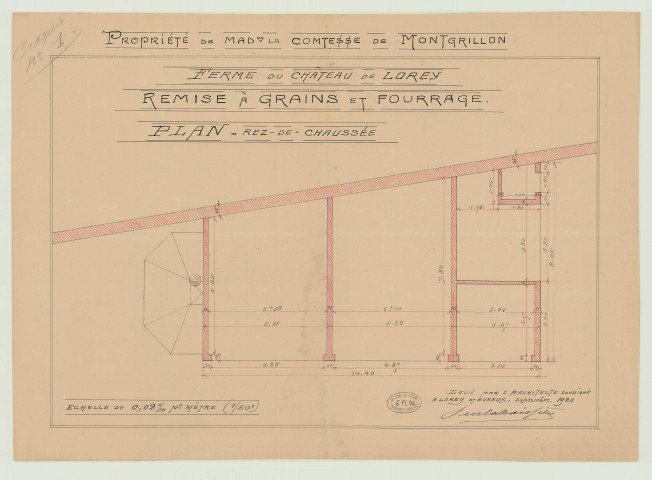 Breuilpont _"Ferme du château de Lorey. Propriété de Mme la comtesse de Montgrillon. Remise à grains et fourrage".