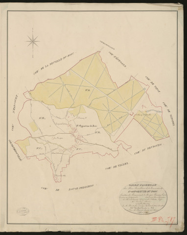 Sainte-Opportune-du-Bosc. Tableau d'assemblage du Plan Parcellaire de la Commune de Sainte-Opportune-du-Bosc _ Canton de Beaumont-le-Roger - Bernay - Eure. _ Terminé sur le terrain le 1826, sous l'administration de M. Le Vicomte Raymond Delaitre, Préfet - M. Barbey, Maire et sous la direction de M. Hurtelle, Directeur des Contributions directes. _ M. Hautier, Géomètre en Chef. _ Par M. Chainot, Géomètre de 1re classe